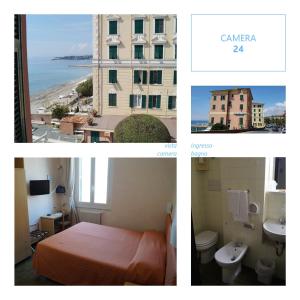 2 fotos de una habitación de hotel con cama y baño en Hotel Bianca Maria, en Varazze