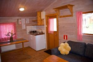 a living room with a couch and a kitchen at TrollAktiv Evje in Evje