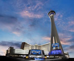 a view of a hotel with a spiral tower at The STRAT Hotel, Casino and SkyPod in Las Vegas