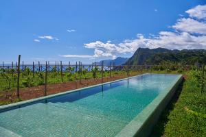 a swimming pool with a view of a mountain at Hotel Quinta Do Furao in Santana