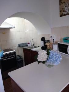 a kitchen with a counter with a vase of flowers on it at Casa dos Valentes in Santo Espírito