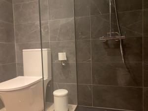 a bathroom with a toilet and a shower at Luxury Lavender in Larnaca