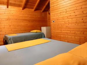 two beds in a room with wooden walls at Guesthouse Vila Druri Dhermi in Dhërmi