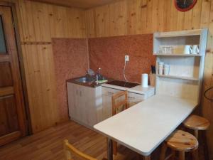 a kitchen with a table and a sink in a room at Domek Muszelka in Karwia