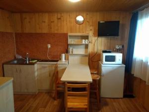 a kitchen with a table and a refrigerator and a microwave at Domek Muszelka in Karwia +2 photos