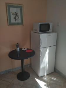 een kleine tafel met een magnetron bovenop een koelkast bij Apartment Kordić in Sveta Nedelja