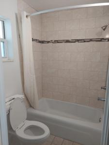 a bathroom with a toilet and a bath tub with a shower at Driftwood Inn - Lake City in Lake City