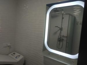 セルゲーエフカにあるАпартаменты у моря для 3-6 персонのバスルーム(シャワー、トイレ、鏡付)