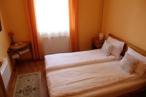 a small bedroom with two beds and a window at Villa Atriolum in Băile Tuşnad