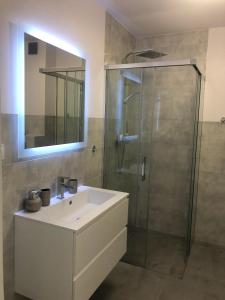 een badkamer met een wastafel en een douche met een spiegel bij GARDENIA Apartament Przy Plaży 17 in Dziwnów