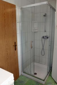 een douche met een glazen deur in een badkamer bij Apartmaji ORKO s pogledom na morje - Sea View Apartments ORKO in Portorož