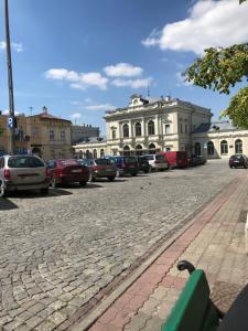 a cobblestone street with cars parked in front of a building at Apartament Mickiewicza - PKP Station in Przemyśl