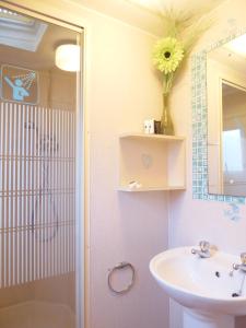 a bathroom with a sink and a mirror at Beachside, Family-friendly, WiFi, 8 berth Caravan 158 in Ingoldmells