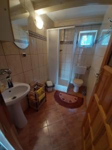 a bathroom with a sink and a shower and a toilet at Pokoje Goscinne Natalia in Władysławowo