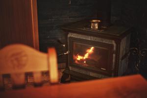 a wood stove in a living room with a fire at Penzión Patrik in Ždiar