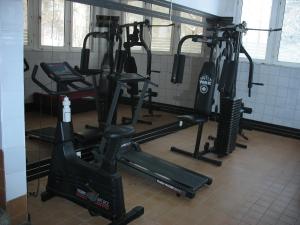a gym with several tread machines in a room at Hotel Janina in Rytro