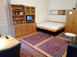 ウィーンにあるGemütliche Wohnung nahe Zentrumのベッドと本棚付きの部屋