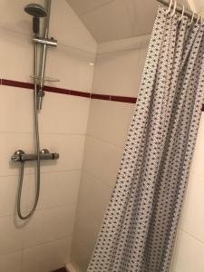 eine Dusche mit Duschvorhang im Bad in der Unterkunft Grand et Charmant 3 pièces Breton Saint Brieuc Centre in Saint-Brieuc + 12 Fotos