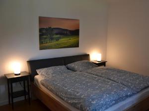 een slaapkamer met een bed en twee verlichting op twee tafels bij Ferienwohnung Veischedetal im Sauerland in Lennestadt