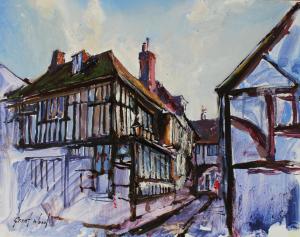 an oil painting of an old house at Mermaid Inn in Rye