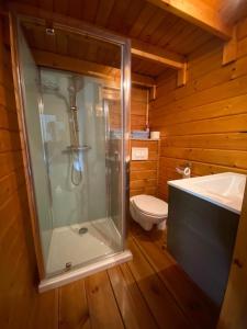 a wooden bathroom with a shower and a toilet at La-Perchade in Huissen