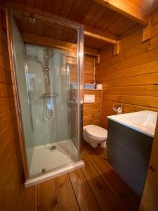 een houten badkamer met een douche en een toilet bij La-Perchade in Huissen
