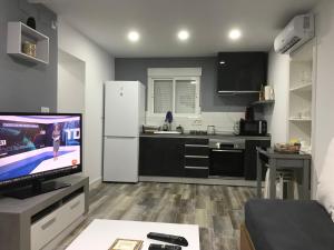 cocina con nevera blanca y TV en Casita tranquila, en Talavera de la Reina