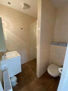 a white bathroom with a toilet and a sink at La-Perchade in Huissen