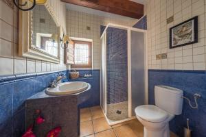 La salle de bains bleue et blanche est pourvue de toilettes et d'un lavabo. dans l'établissement Casa rural lo Maset de Carmeta, à Tivenys
