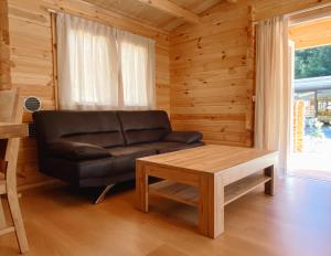 a living room with a leather couch and a coffee table at Camping Piccolo Paradiso in Avegno