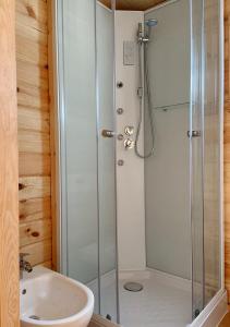 a bathroom with a shower and a sink at Camping Piccolo Paradiso in Avegno