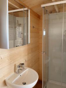 a bathroom with a sink and a shower at Camping Piccolo Paradiso in Avegno
