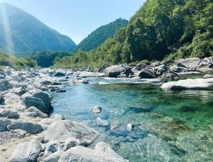 a river with rocks and trees on a mountain at Camping Piccolo Paradiso in Avegno