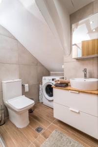 ein Badezimmer mit einem WC, einem Waschbecken und einer Waschmaschine in der Unterkunft Garconniere Sonja in Pitsidia