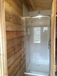 a bathroom with a shower with a wooden wall at Y Cwt Bach in Cardiff