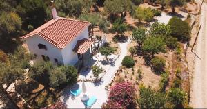 an aerial view of a house with a swimming pool at Kalokairi Cottage in Skopelos Town