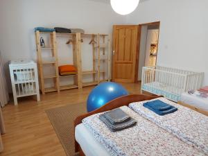 ドゥシュニキ・ズドルイにあるApartament Rodzinnyのベッドルーム1室(ツインベッド2台、ブルーボール付)