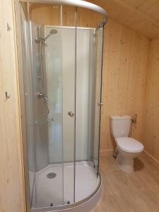 een douchecabine in een badkamer met een toilet bij Camping Le Mouliat in Moncrabeau