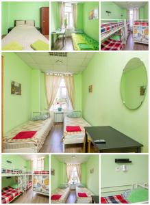 uma colagem de três fotografias de um quarto com duas camas em Bugrov Hostel em Níjni Novgorod
