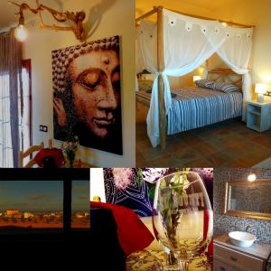 un collage de fotos de un dormitorio con cama y copa de vino en Agriturismo El Bounty, en Puerto del Rosario