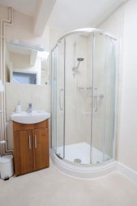 a bathroom with a shower and a sink at The Green Leaf Apartment in Bath