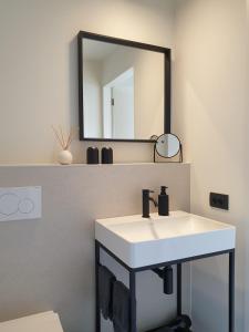 a bathroom with a white sink and a mirror at B&B Antares in Bruges