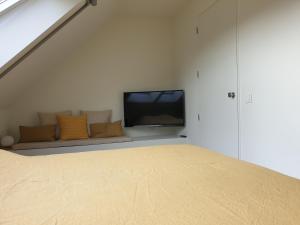 ein Wohnzimmer mit einem Sofa und einem TV in einem Zimmer in der Unterkunft B&B Antares in Brügge