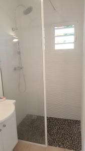 a shower with a glass door in a bathroom at Le Colibri - T2 les pieds dans l'eau in Saint-François