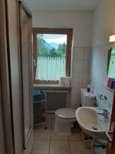 a bathroom with a toilet and a sink and a window at Gästehaus Koch in Zöblen