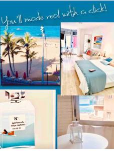 uma colagem de fotos de um hotel com uma cama e uma praia em Cosy loft in front of blue ocean em Las Palmas de Gran Canaria