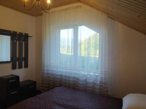 a bedroom with a bed and a large window at Котедж Shalet in Kolochava
