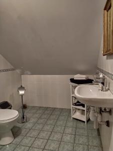 a white bathroom with a toilet and a sink at Kaimo sodyba Senas rublis in Pesčiai