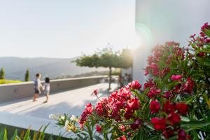 a woman walking on the balcony of a building with flowers at Villa Iris in Livadi