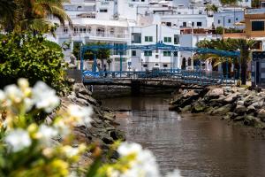 eine Brücke über einen Fluss in einer Stadt mit Gebäuden in der Unterkunft Edificio Playa in Puerto de Mogán